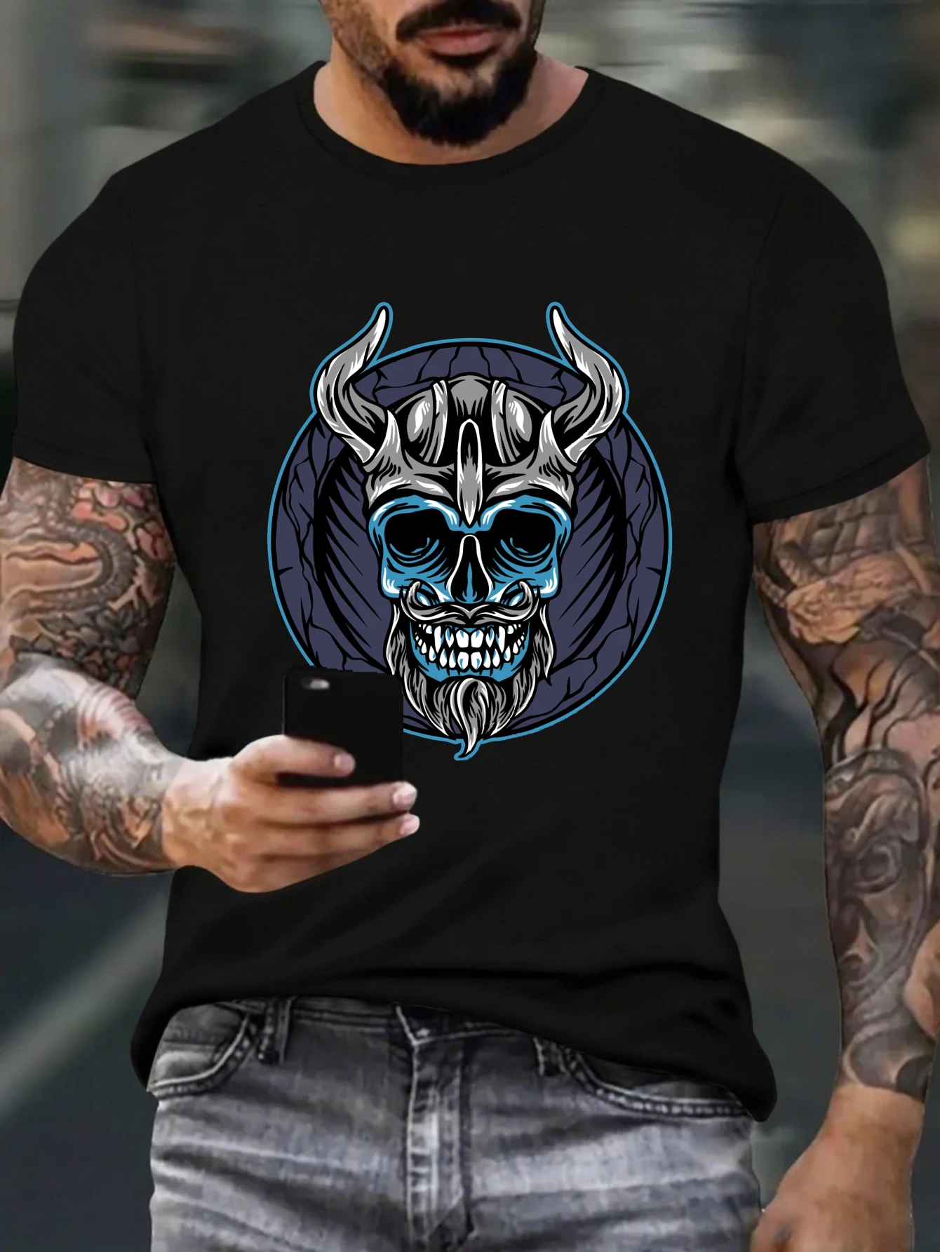 

Vintage Tribal Skull Graphic T-Shirt for Men, Ethnic Gothic Short Sleeve Tee, Casual Skull Print Tops