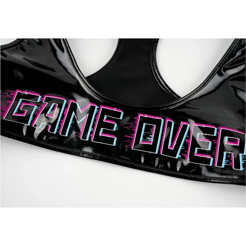Anime Cyberpunk GAMEOVER Print Pu charol camiseta sin mangas y pantalones cortos traje Cosplay disfraz Sexy ropa interior camisón Roleplay Lencería