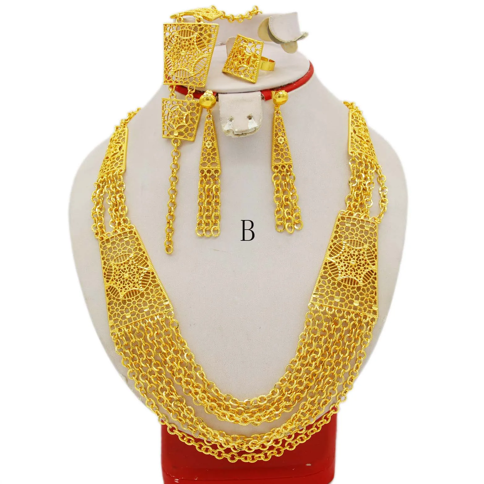 Adixyn Indian Dubai Gold Color Jewelry Set For Women 60cm Necklace Bracelet Earring Ring Set Bridal Wedding Gifts N09076