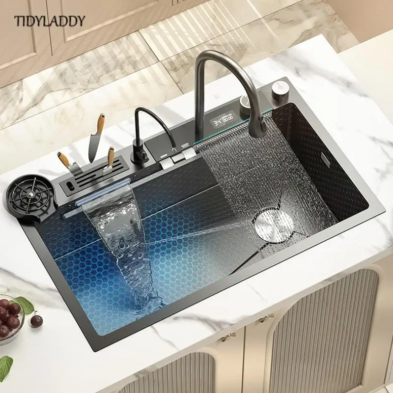 

Stainless Steel Embossed Kitchen Sink Large Single Slot Double Waterfall Digital Display Faucet Multifunctional Washing Basin