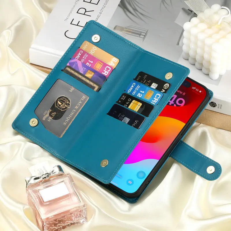 Reißverschluss-Leder-Crossbody-Handyhülle für iPhone 18 17 Air 16 15 14 13 12 11 Pro Max 16e XS XR 8 7 Plus SE mit Kartenfach und Brieftaschenfunktion – Detail 20