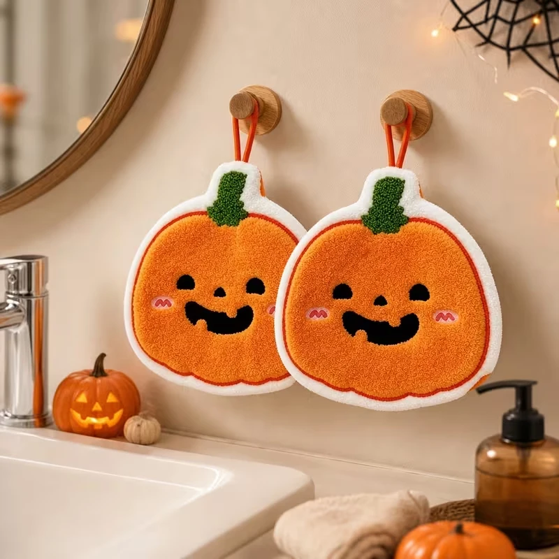 Thickened Coral Fleece Halloween Ghost Cartoon Towel Hanging Pumpkin Design Absorbent Handkerchiefs for Children And Adults