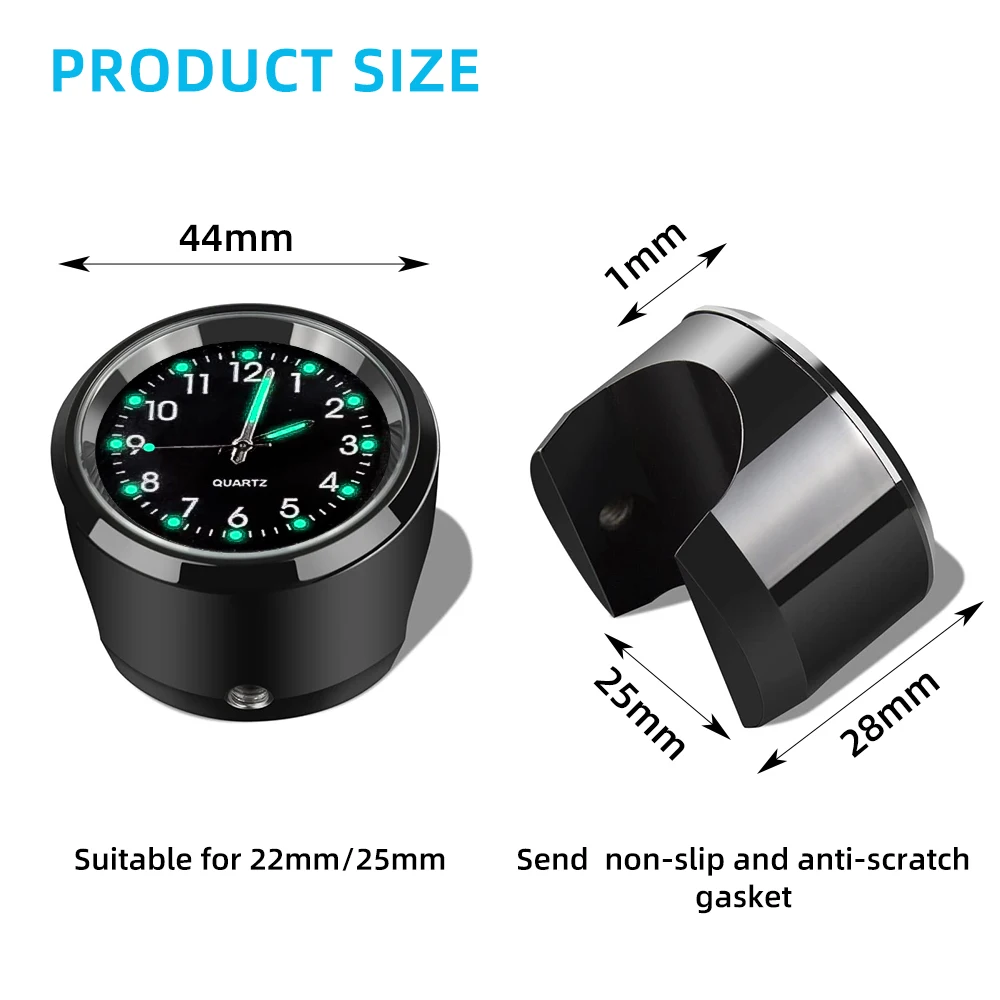 Aluminum Luminous Quartz Watch 22-25mm Motorcycle Scooter Bicycle Handlebar Mount Clock Time Display Clock Moto Accessories