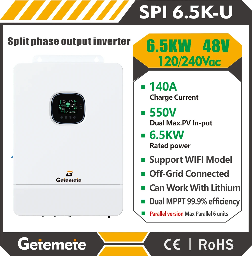 

GTMT 6.5KW 48V 110/240VAC Dual MPPT Max 18A Charge Current Max PV 550V Support Split-phase/single-phase Hybrid Solar Inverter