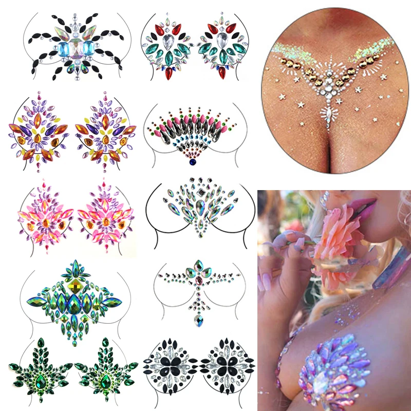 Blingbling Shiny Resin Drill Chest Tattoos Stickers Music Festival Party Carnival Makeup Collarbone Nipple 3D Tattoo Decoration