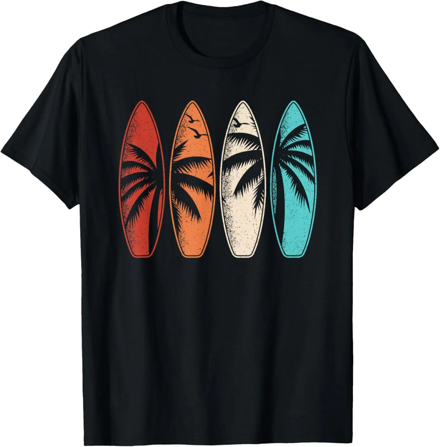 

Retro Surfboard Palm Tree Beach Hawaii Retro Graphic T-Shirt Men Vacation Trip Tee
