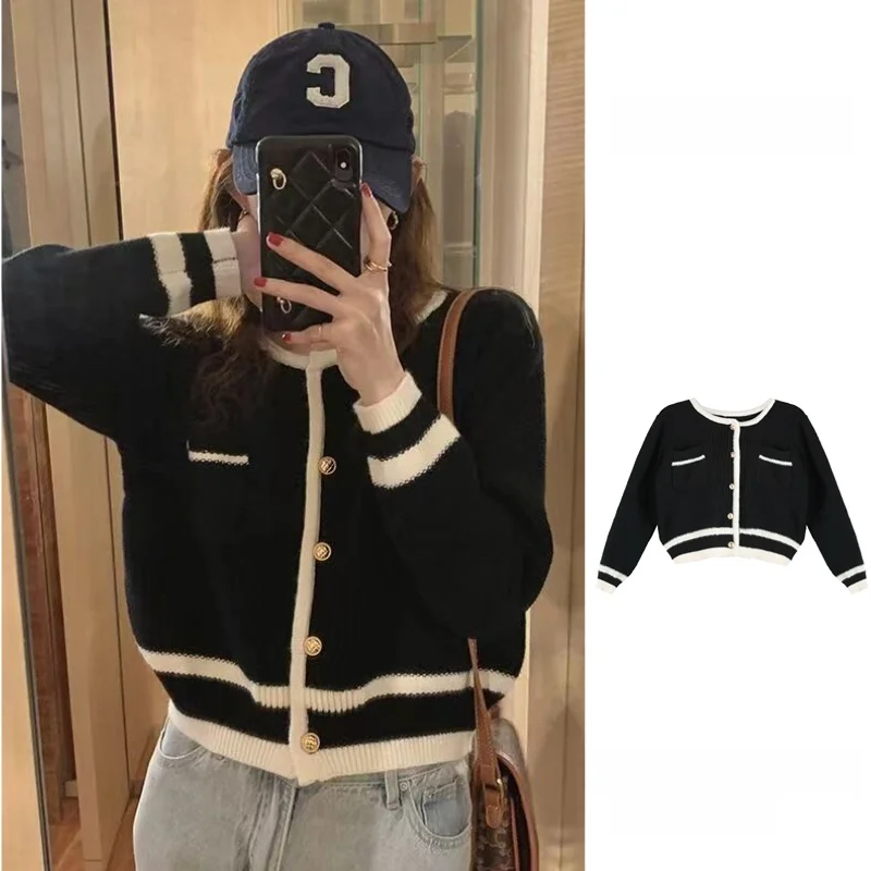 

Women's Open Cardigan Sweater Thin Long Sve Color Blo Knitted Top ort Length round Ne Single Button Autumn Faion