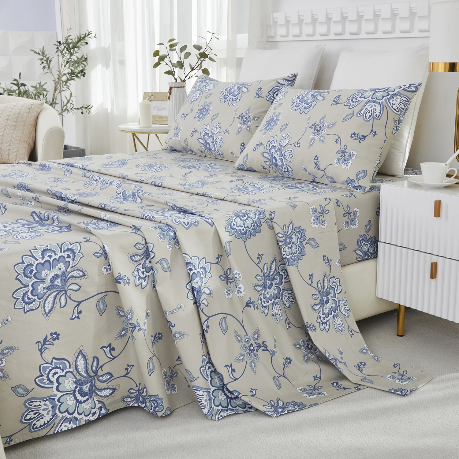 

4pcs 600 TC 100% Egyptian Cotton Fitted Sheet Set (Without Core), Blue Floral in Boho Damask Paisley, Soft & Skin-friendly