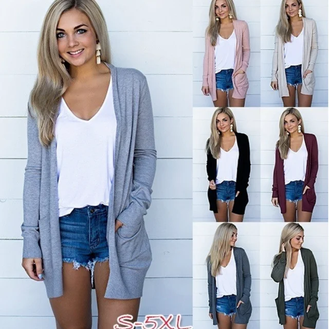 Nowa moda damska Solidny długi rękaw Solidny Casual Jesień Zima Średni długi kardigan z kieszeniami S-5Xl Multicolor Large