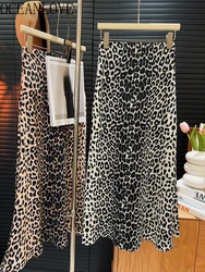 OCEANLOVE Satin Vintage Leopard Women Skirts Spring Summer A-line Fashion Faldas Mujer High Waist Elegant Mermaid Long Skirt