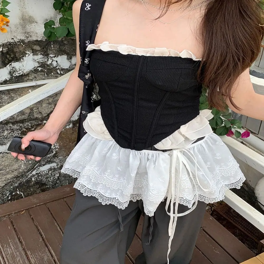 

New Embroidered Flower Lace Mini Skirt Y2K Streetwear See Through Lace Up Ruffles Skirt Harajuku Ruched Skirts Jeans Decoration