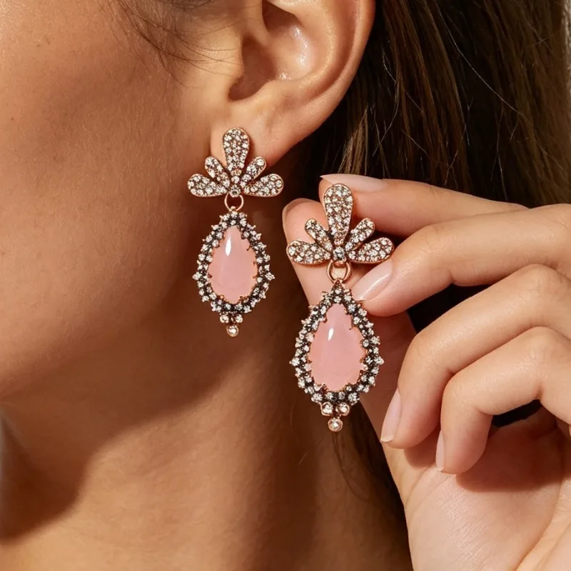 Pave Crystal Flower Stone Drop Earrings Vintage Teardrop Dangle Rhinestone Edge Boho Statement Jewelry Gift