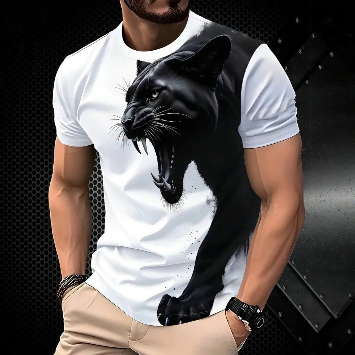 Cross-Border New Men's Short-Sleeved T-Shirt with Black Leopard Print, Outdoor Camping Casual Men's Clothing, Summer Round-Neck Personalized T-Shirt