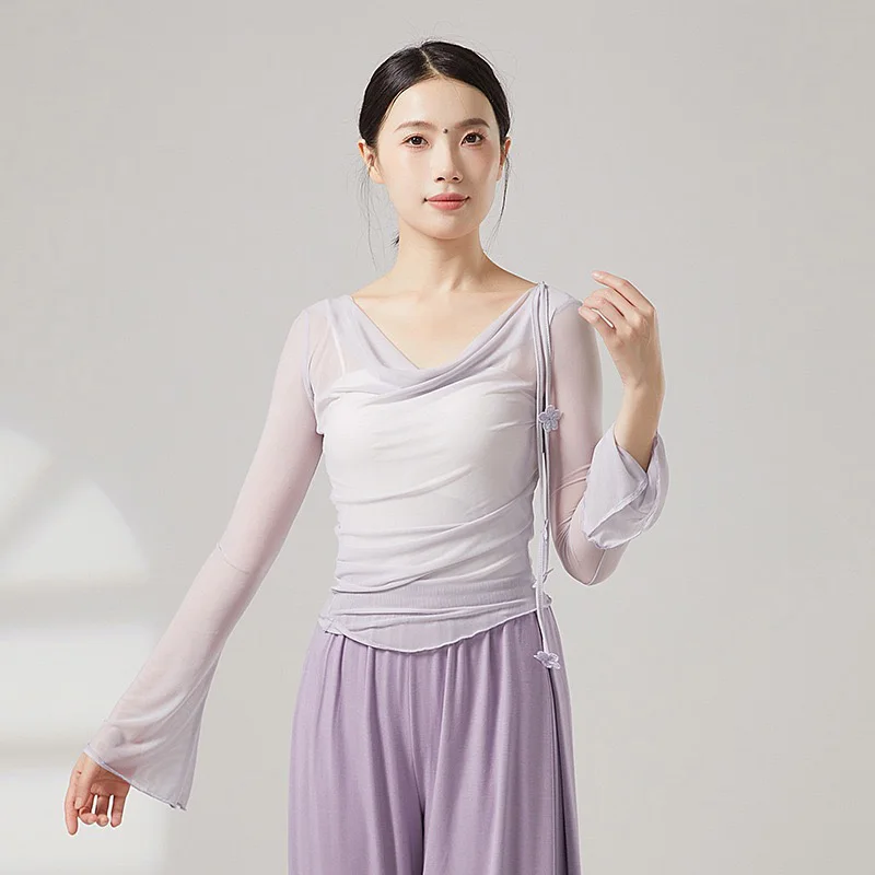 المرأة الكلاسيكية الرقص قميص الملابس الصينية الرجعية مشبك القديمة قافية الشاش شفافة طويلة الأكمام بلايز ملابس رقص الشعبية