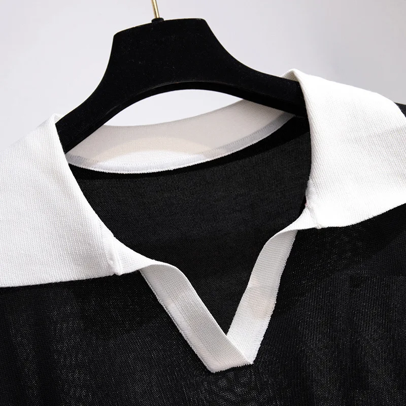 Top de punto con solapa de seda de hielo para mujer, de manga corta Camiseta holgada, busto de 170Kg, color negro, 5XL, 6XL, 7XL, 8XL, 9XL, 10XL, 160