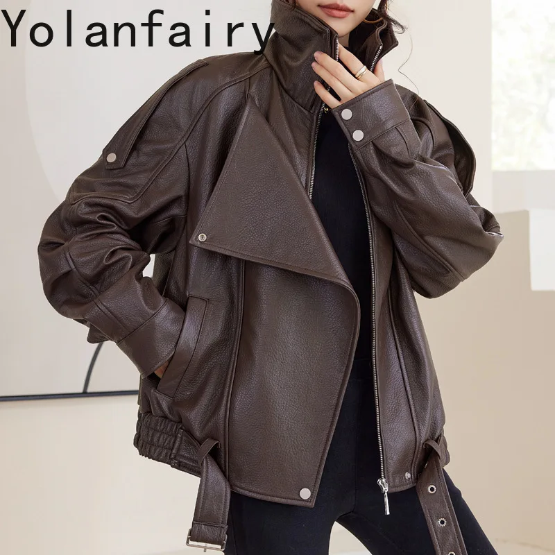YOLANFAIRY High-end 100% Genuine Sheepskin Leather Jacket Women Fashion 2026 Autumn Oversized Biker Real Leather Coat Outerwear