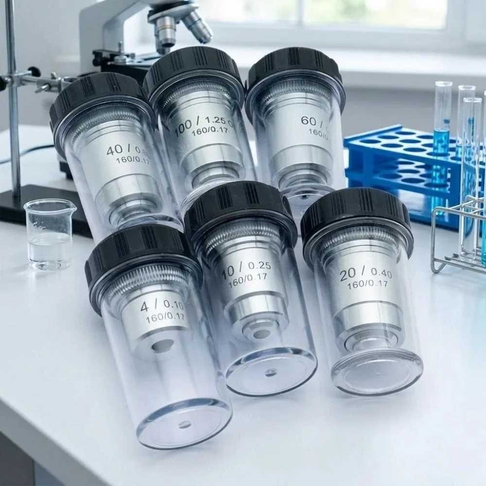 Achromatic Microscope Objective Lens 4X 10X 20X 40X 60X 100X RMS Thread Optical Lens Metal Housing
