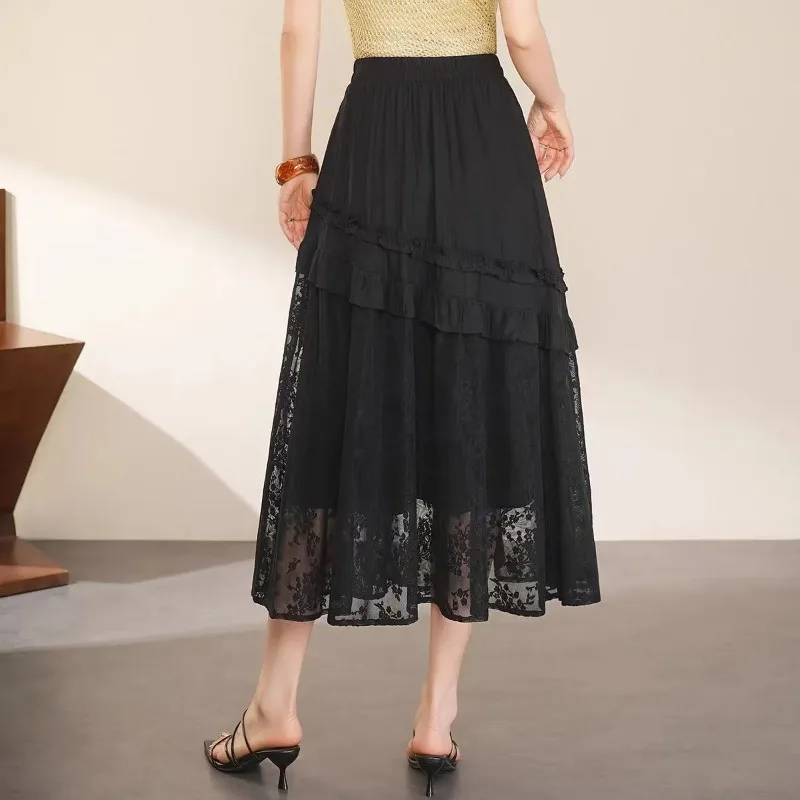 

Women's Black Lace Tiered Midi Skirt High Waist A-Line Flowy Skirt