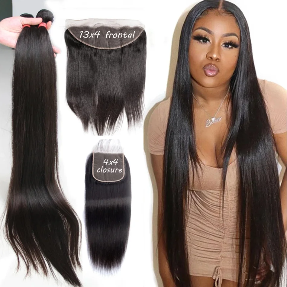 

32 30 Inch Straight Bundles with Closure Brazilian Human Hair Weave Bundles With 13x4 Lace Front PrePlucked Remy Hair Extension