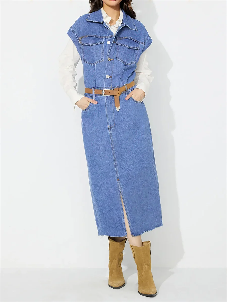 Benuynffy Vintage Half Button Sleeveless Raw Hem Denim Dress Women's Spring Fall Front Slit Casual Long Dresses Without Belt