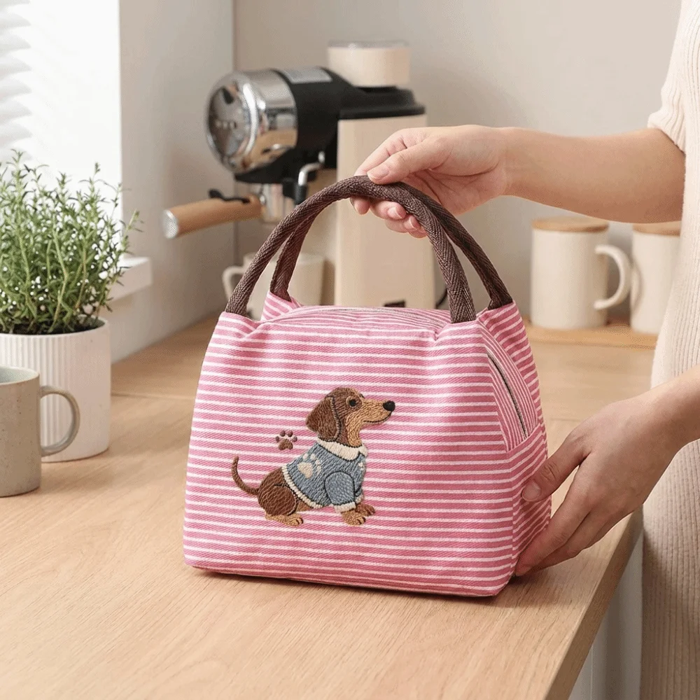 Cute Puppy Embroidery Thermal Lunch Bag Striped Insulated Tote Bag Portable Handheld Food Container Bag Picnic