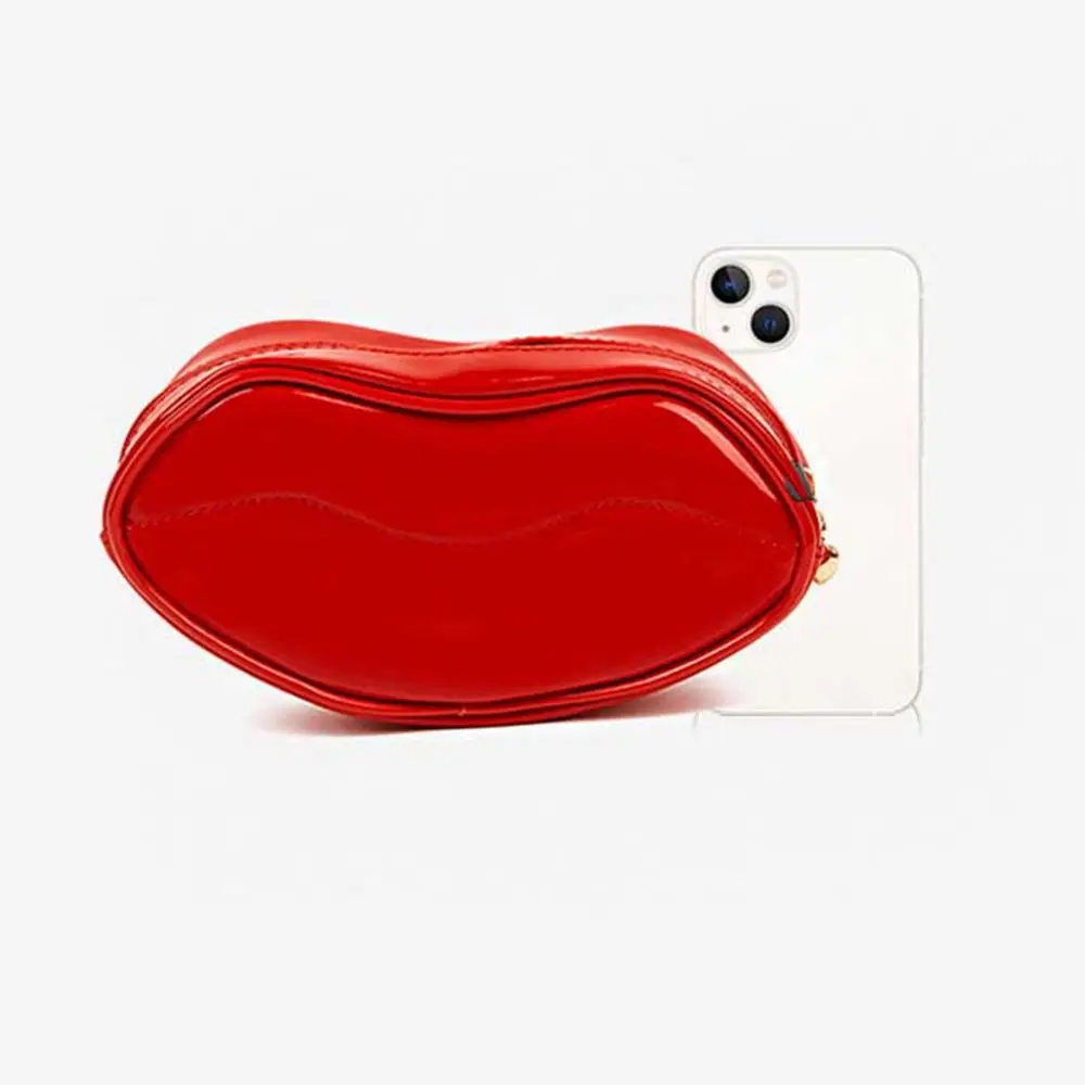 Patent Leather Fashion Sexy Red Lip Shape Cosmetic Bag Female Zipper Travel Large Capacity Storage Bag Casual Makeup Bag