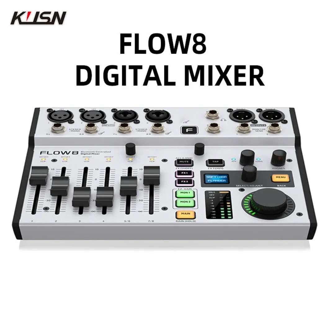 FLOW8 8-Input Digital Mixer with Bluetooth App Control 60 mm Channel Faders 2 FX Processors USB Audio Interface