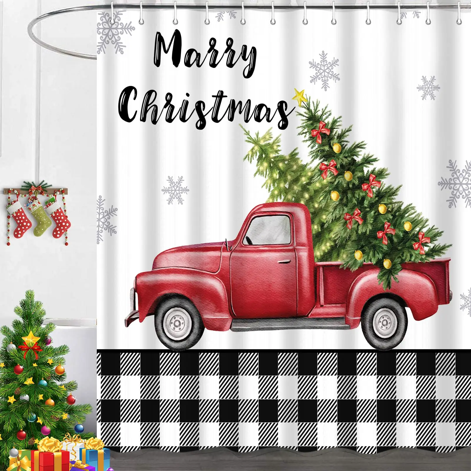 Farmhouse Christmas Shower Curtain Red Truck Carrying Christmas Pine Tree Bath Curtain Check Plaid Shower Curtain Bathtub Screen