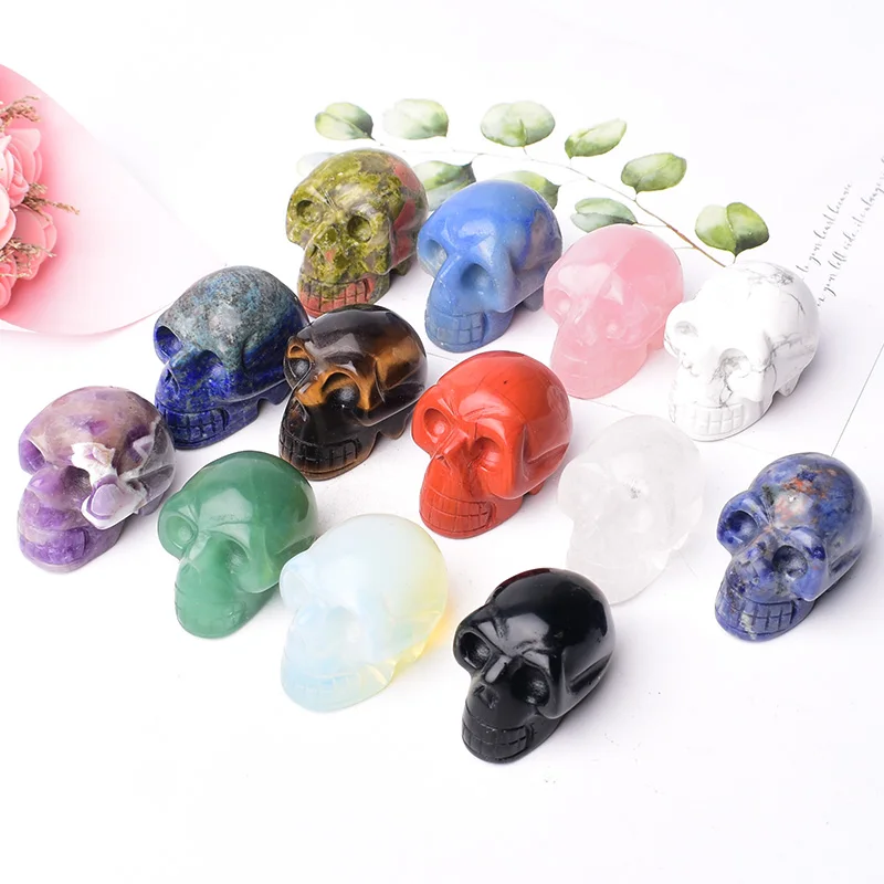 Natural Crystal Stone Skull Quartz Reiki Crystal Healing Stone Crafts Home Decoration Polished Figurine Halloween Ornaments Gift
