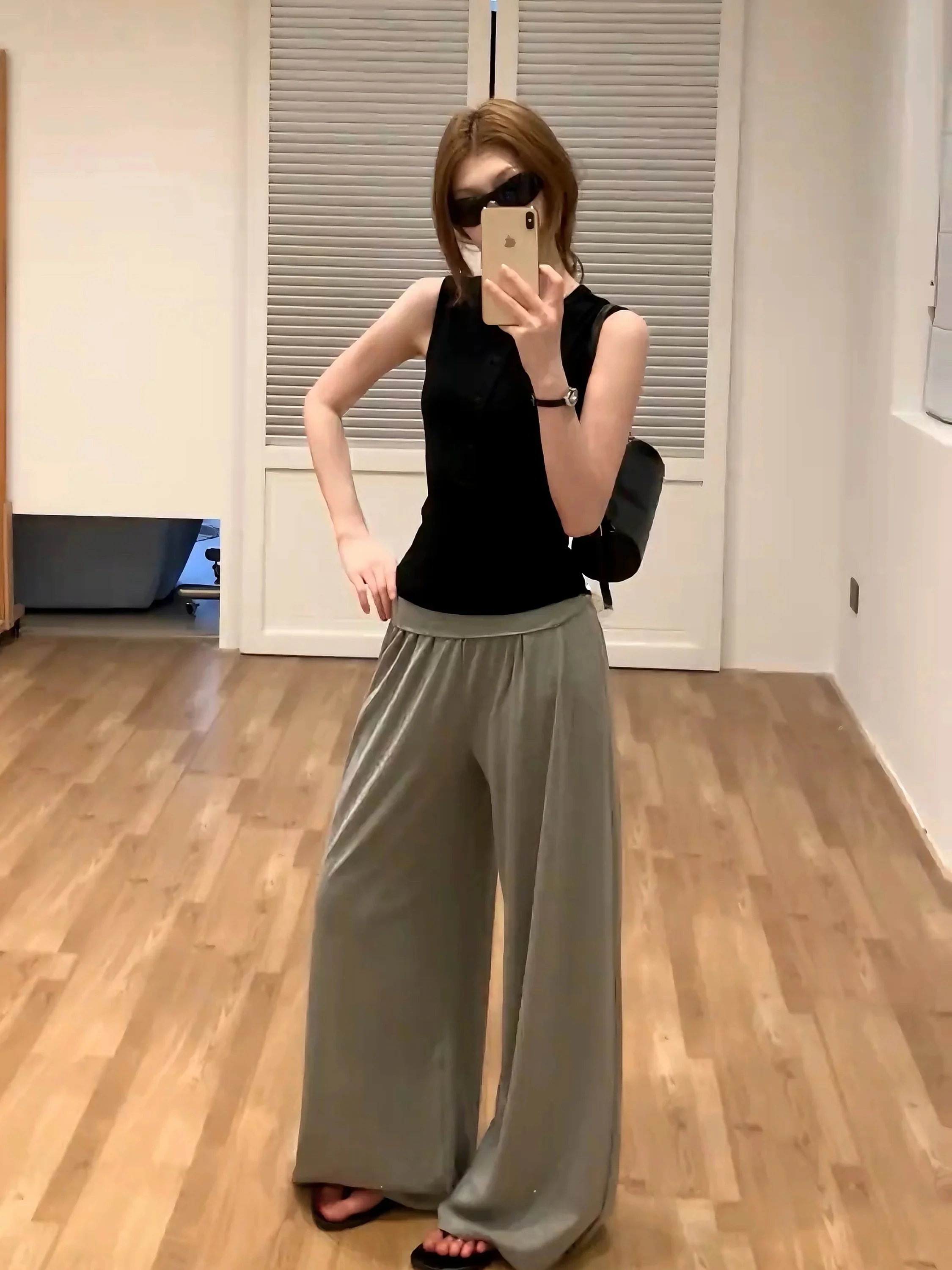 Gray Casual Pants Women's Summer Thin Straight Loose Floor-Length Trousers High Waist Flip Waist Loose Fit Straight Leg Pants