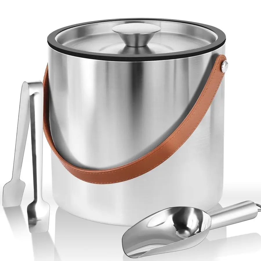 

Vacuum Insulated Ice Bucket with Lid, Scoop, Ice Tong, Strainer amp Leather Handle Keep Ice Frozen Longer Large Wine Ice Buckets