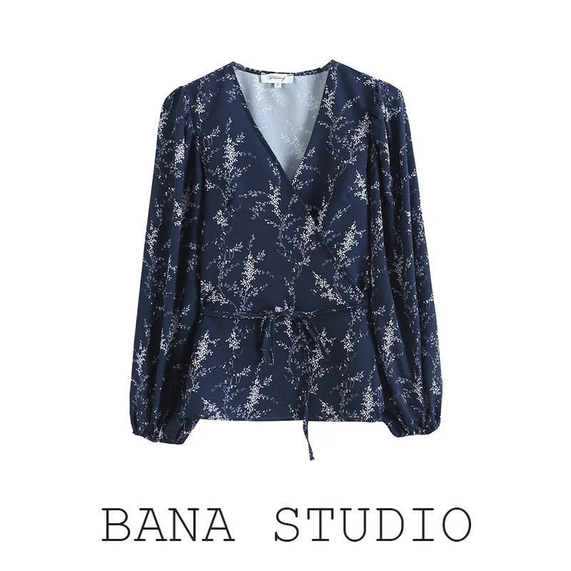 

Ele V-ne Floral Lantern Sve Long Sve Belted Wrap irt Slim Fit Women's Street Sle Floral Print ort Length