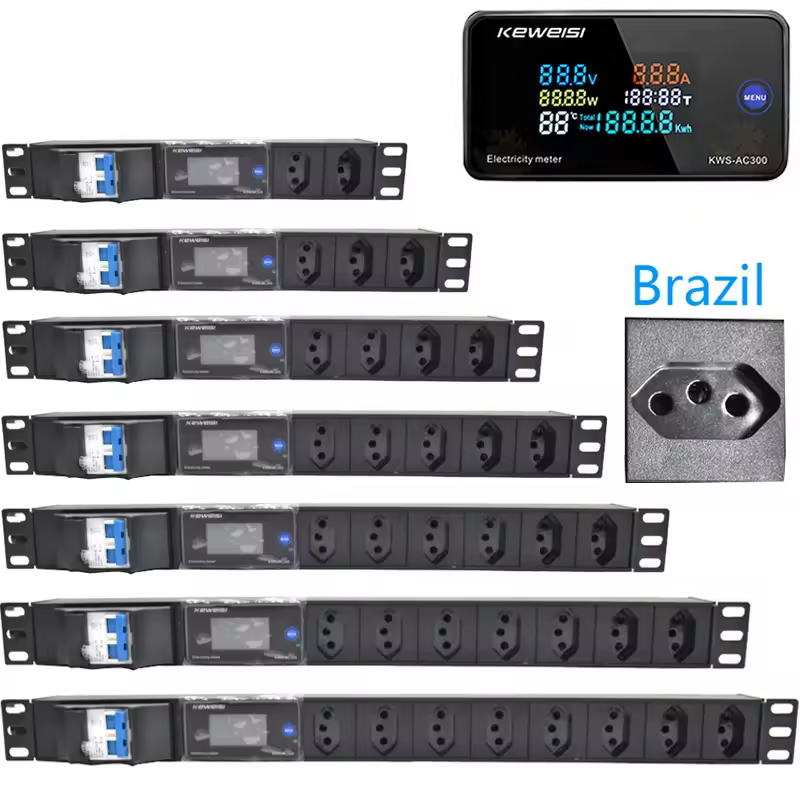Tomada Brasil Tomada Power Strip, Unidade de Distribuição PDU, 2, 8 Maneiras, 3Pin, Tomada Brasileira com Ampere, Volt, Watt Digital Display Meter