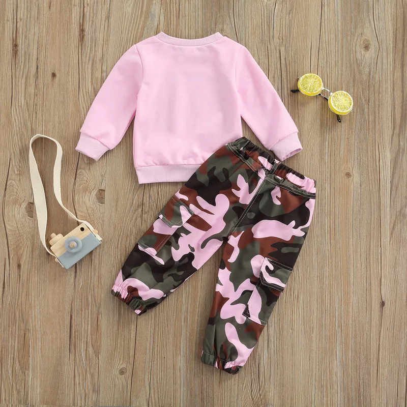 Children Baby Girls Pant Sets Autumn Clothes Long Sleeve Letter Print Tops and Camouflage Pants Baby Items Clothing