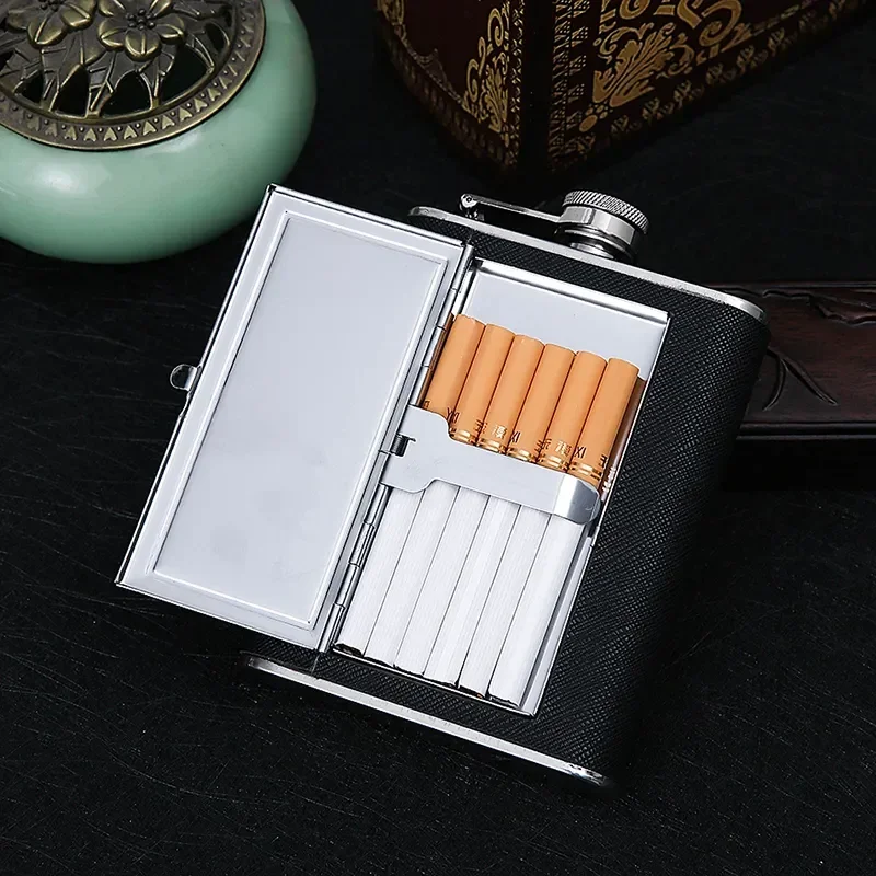 Creative Wine Hip Flask with Cigarette Case 6Oz Pu Leather Stainless Steel Alcohol Bottle For Whiskey Camping Groomsmen Gift