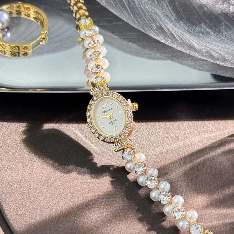 Nieuwe Hot Parel Armband Horloge Luxe Diamant Ingelegde Vrouwen Quartz Horloge Ovale Wijzerplaat Dames Horloges Dropshipping klok