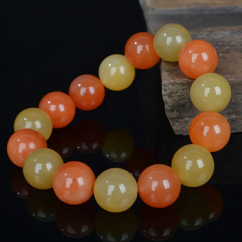 Natural Xinjiang Golden Silk Jade 14mm Beads Elastic Bracelet Charm Jewellery Fashion Handmade Man Woman Luck Gifts Amulet New