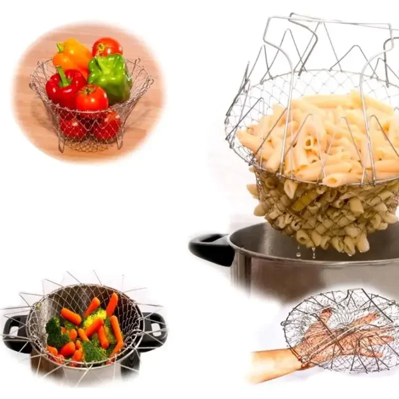 1Pc Foldable Fry French Chef Basket Magic Basket Mesh Basket Strainer Net