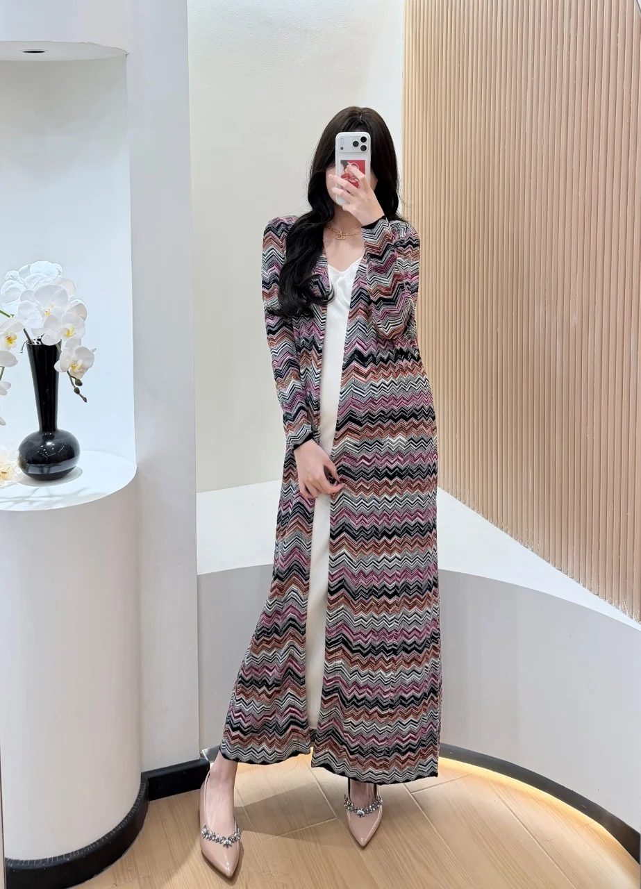 2026 New Women Long Coat Striped Knitted Loose Fit Casual Elegant Suitable for Vacation Female Clothing Evening Dress Jacket