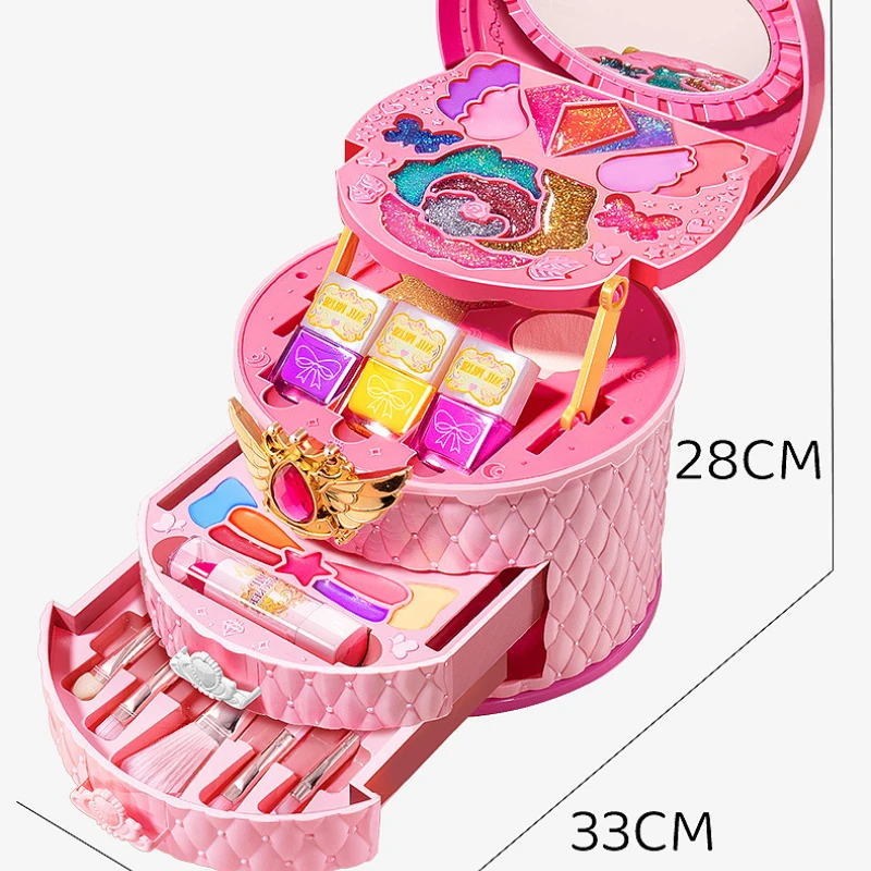 Juego de maquillaje para niñas, caja de juguetes cosmética de tres capas, juego para niños, brochas de maquillaje, lápiz labial, rubor, sombra de ojos, esmalte de uñas, juguete de belleza de princesa