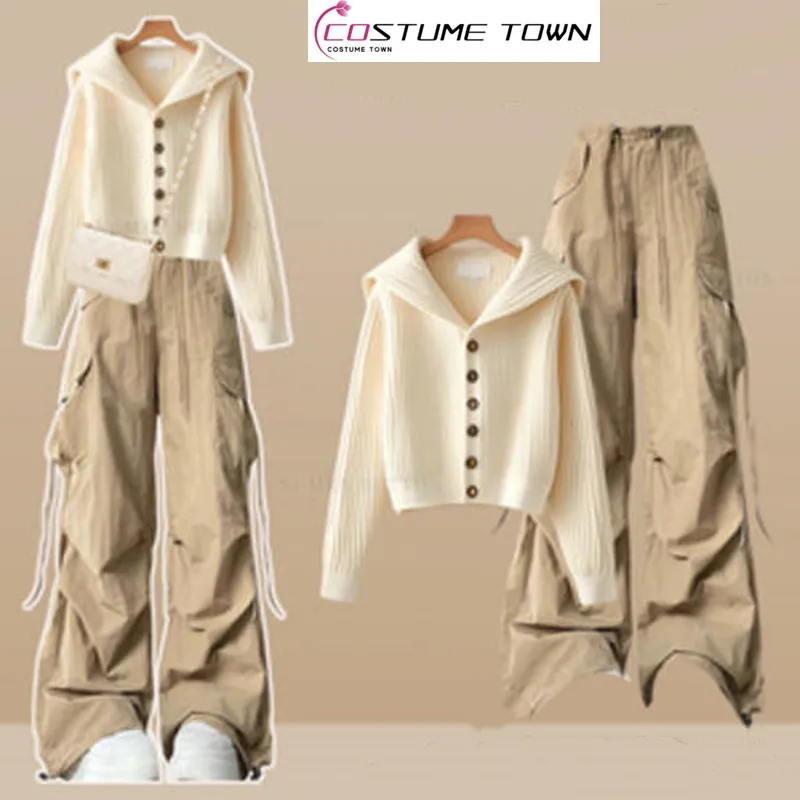 

Весенне-осенний повседневный комплект с нежной и нежной трикотажной рубашкой и узкими широкими брюками в стиле ретро, комплект из двух предметов