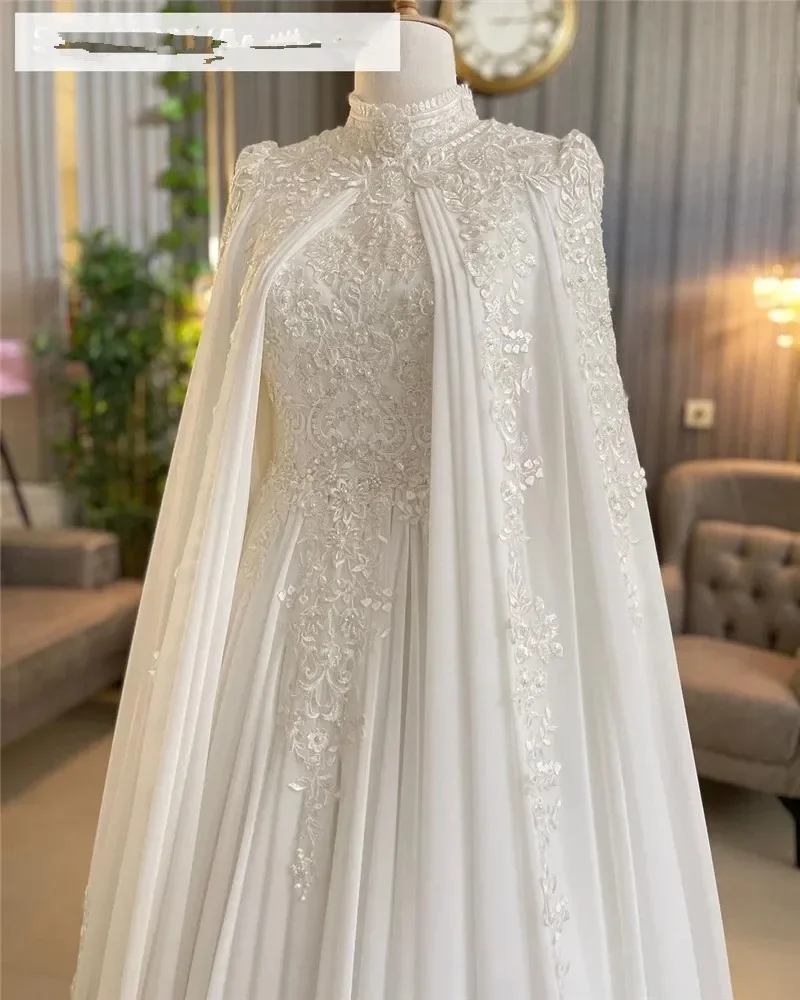 Caftan musulman robes de mariée avec Cape en mousseline de soie dentelle Appliques turky caftan jardin moyen-orient robes de mariée personnalisées