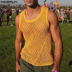 Men Tank Tops Hollow Out Patchwork Transparent 2024 Summer Male Vests Streetwear O-neck Sleeveless Fashion Men Clothing INCERUN