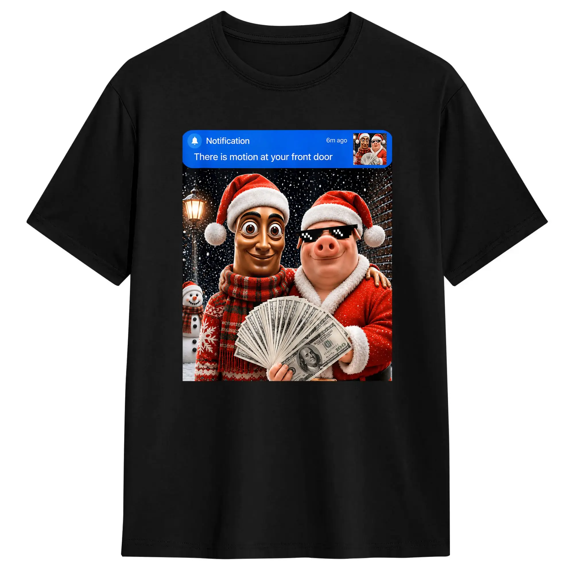 Funny John Pork and Tung Tung Sahur Front Door Motion Chirstmas T-Shirt Men Round Collar Cotton T Shirts  Short Sleeve Tee Shirt