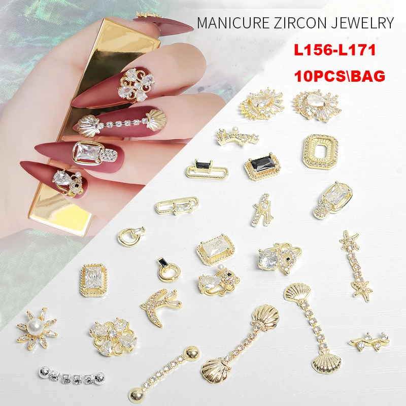 10PCS Luxury Charm Nail Parts Nail Decoration Gold Silver Colors Metal Jewelry Combination DIY Manicure Art L156-L171