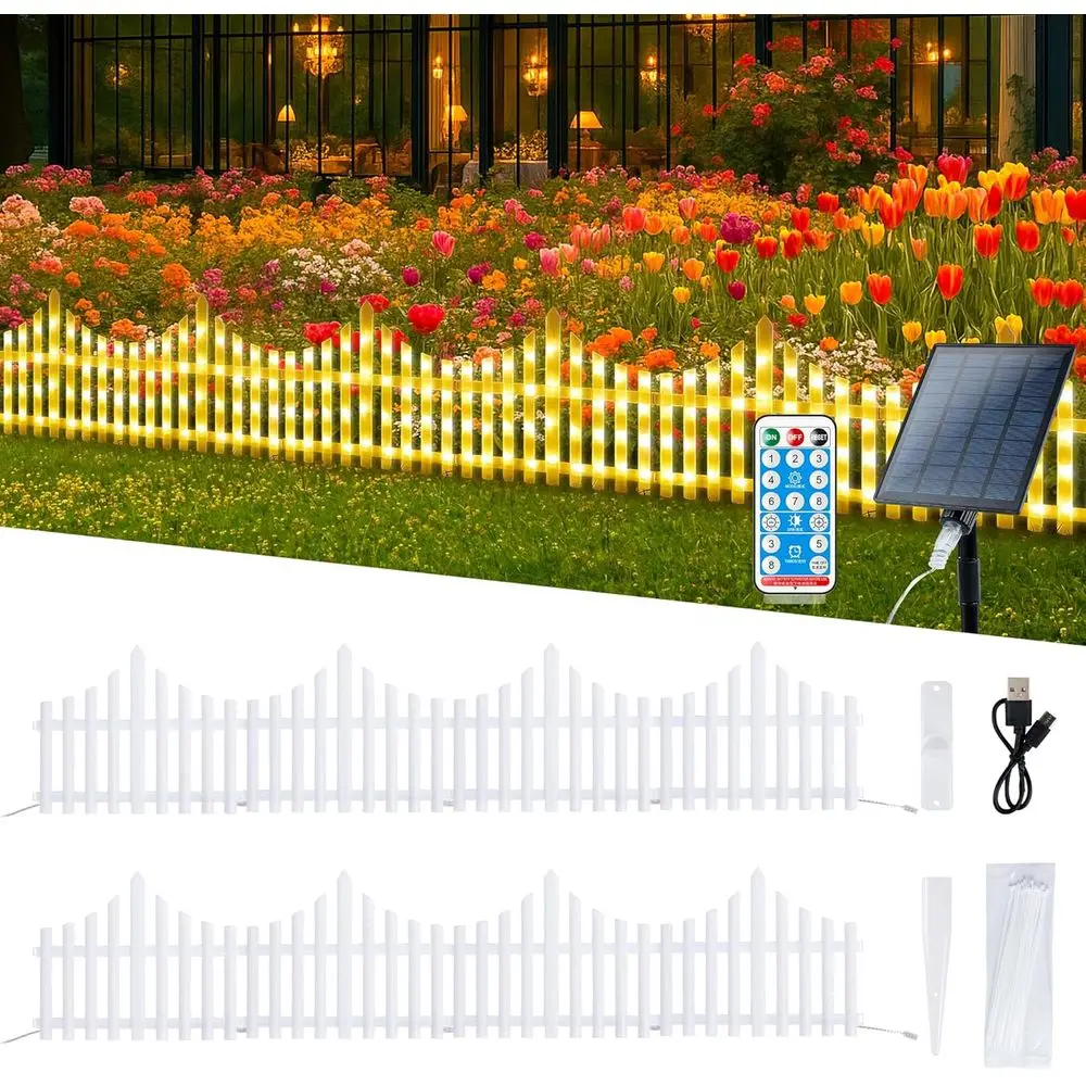 

White Picket Fence Garden Border with 144 LED Lights and Remote Control, Mini Fence for Small Yard or Tree Barrier