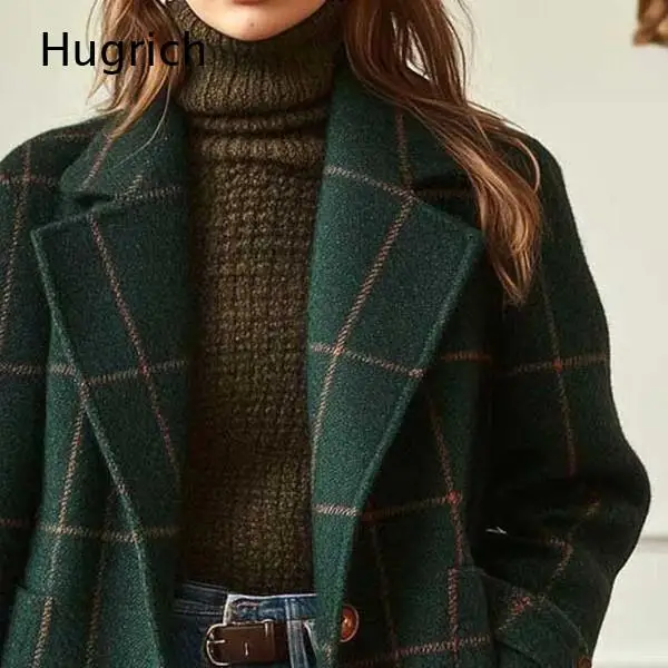 Damen-Wollmischmantel mit Revers und Karomuster, mittellang, mit einem Knopf vorne, Seitentaschen, lockerer Schnitt, Wintermantel für lässige Alltagsoutfits