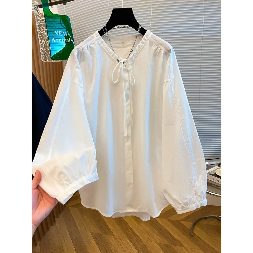 

SuperAen Korean Style Sweet Casual Lantern Sleeve Shirring V-neck Shirt for Women Spring and Summer Loose White Cardigan Shirts