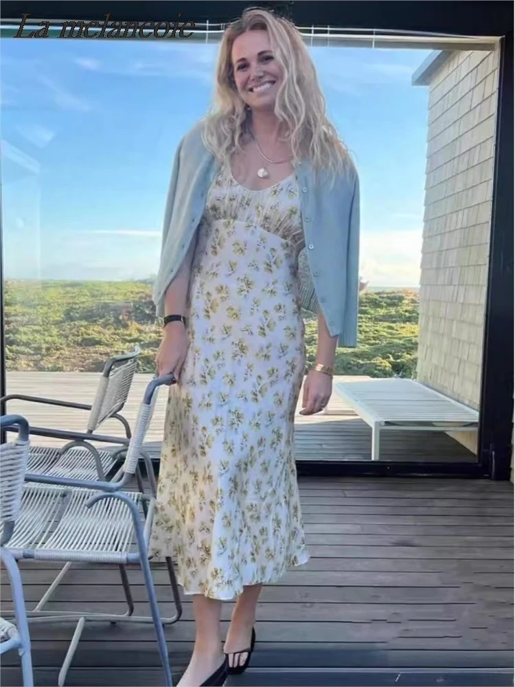 

Floral Print Dress Women Summer 2024 New Fashion French Round Neck Short Sleeve Long Dresses High Waist Elegant Chic Midi Dress