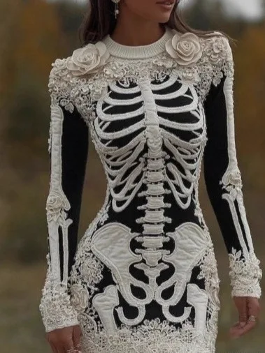 Halloween Skeleton Dress Women's Gothic Style Ghost Party Pure Color Long Sleeve Natural Waist Polyester Fiber Skirt
